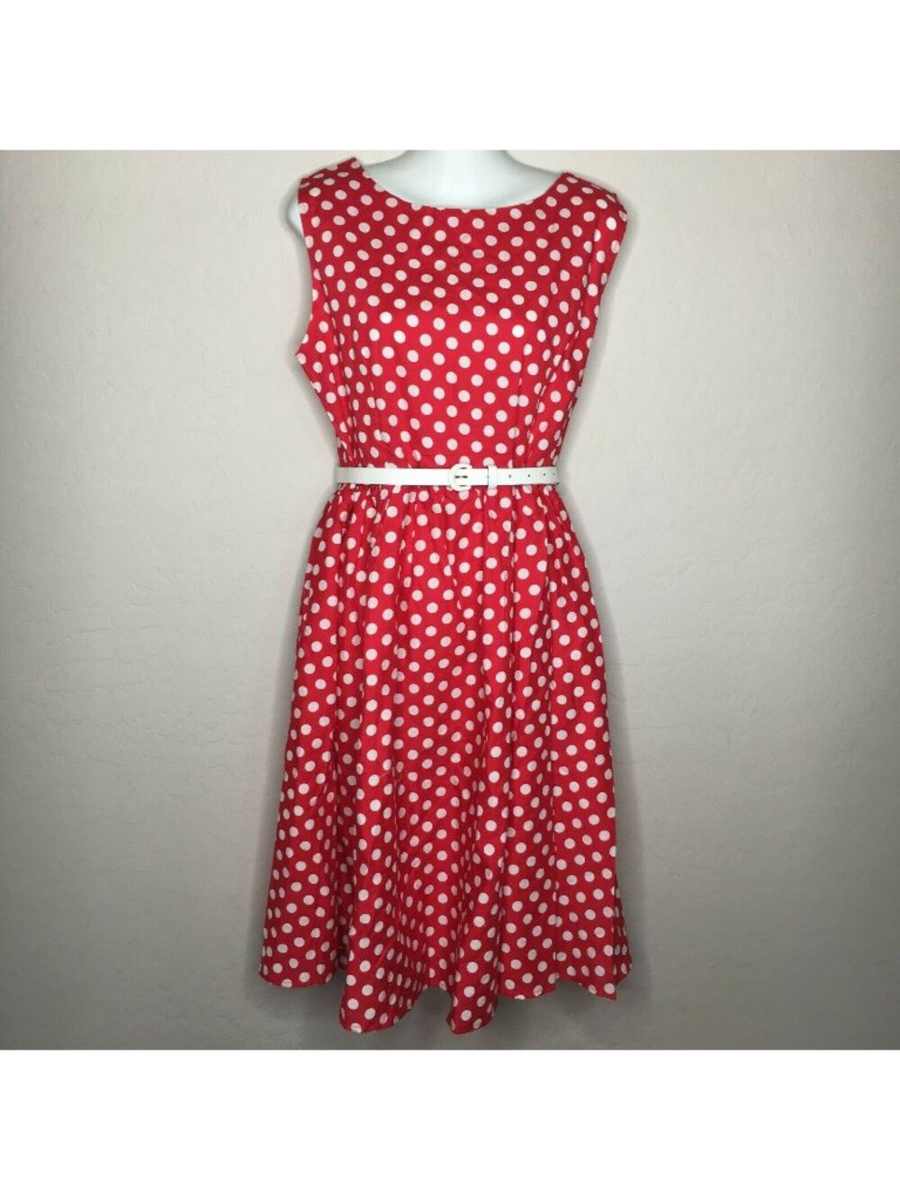 New Light Fashion Womens Red White Polka Dot Sleeveless Dress White Belt Tea XL